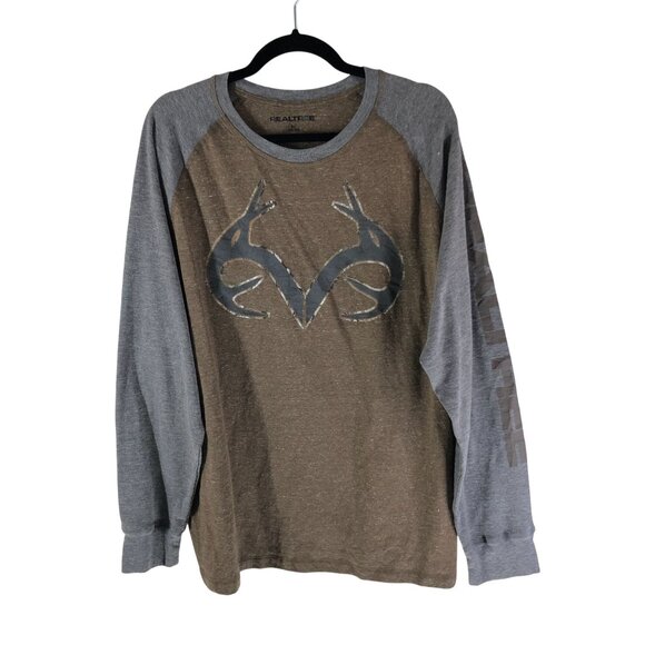Realtree Mens Brown & Gray Long Sleeve Raglan Logo Shirt XL - Picture 1 of 3